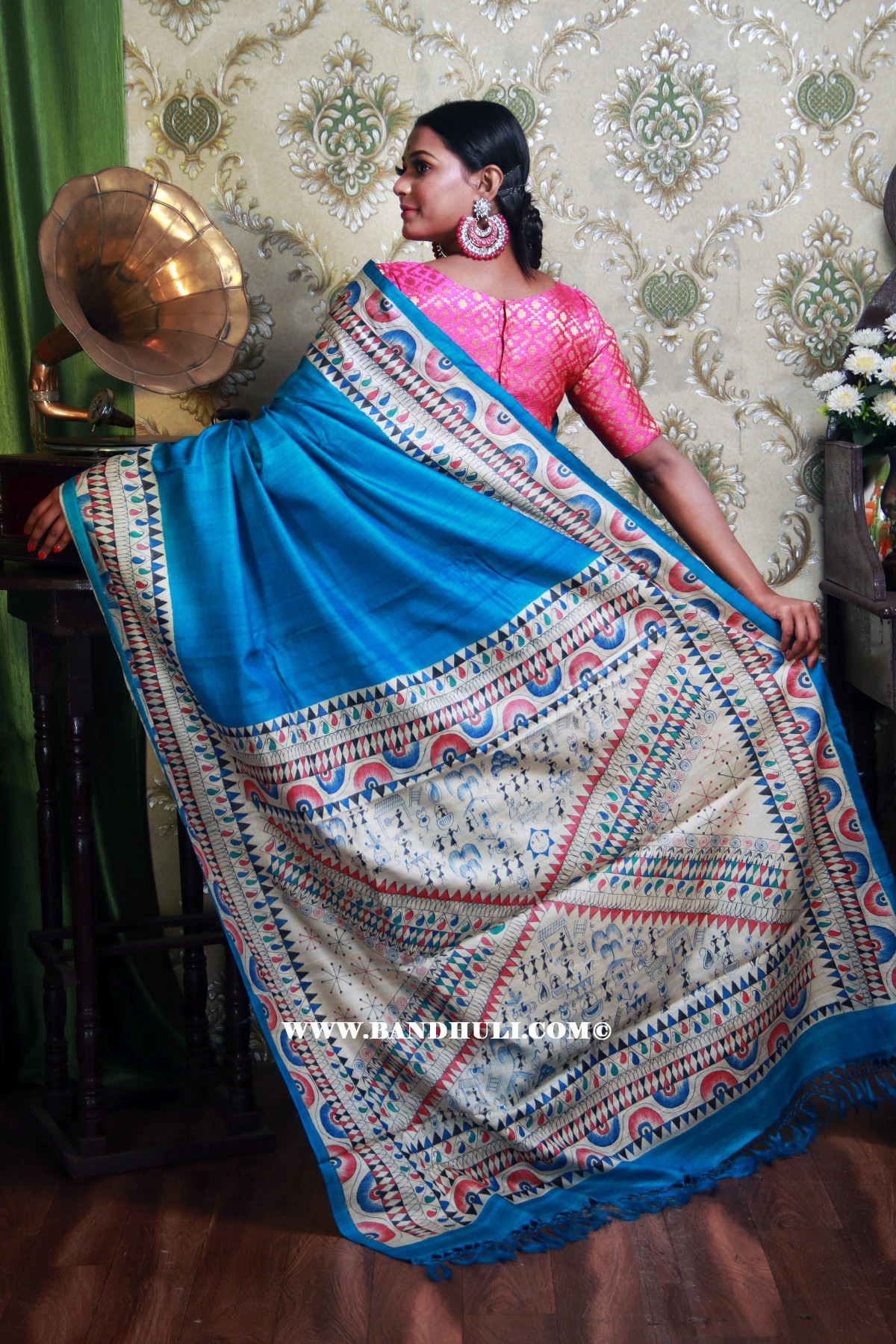 Sky Blue Madhubani Painted Tussar Saree